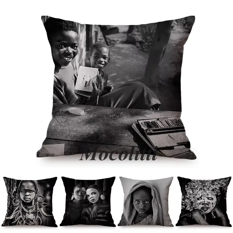 Africa Impression Primitive Tribe African Life Black and White Art Home Decor Cushion Cover Museum Gallery Sofa Pillow Case