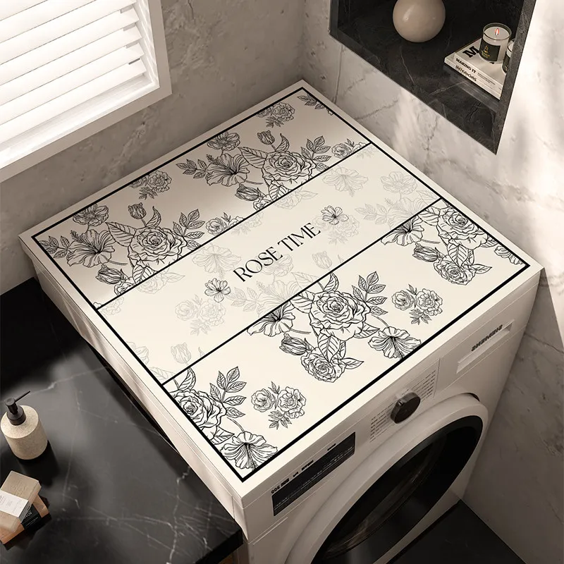 Minimal Letter Border Washing Machine Top Mat Cream Solid Text Print Waterproof Anti Dust Pad For Laundry Dryer Cabinet Surface