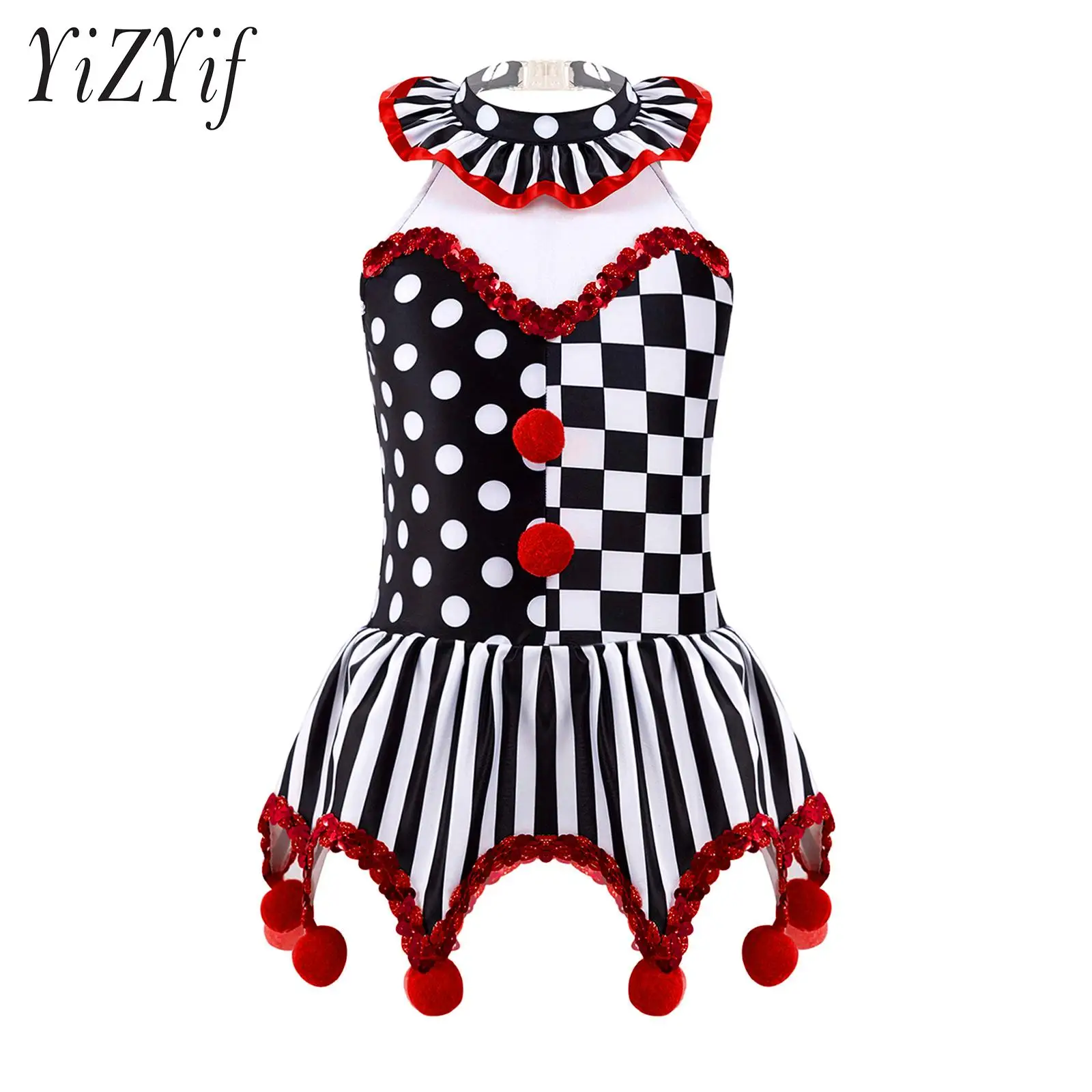 

Kids Girls Circus Costume Halter Sleeveless Plaid Print Sequins Irregular Dress Clown Edge Dress Halloween cosplay Party costume