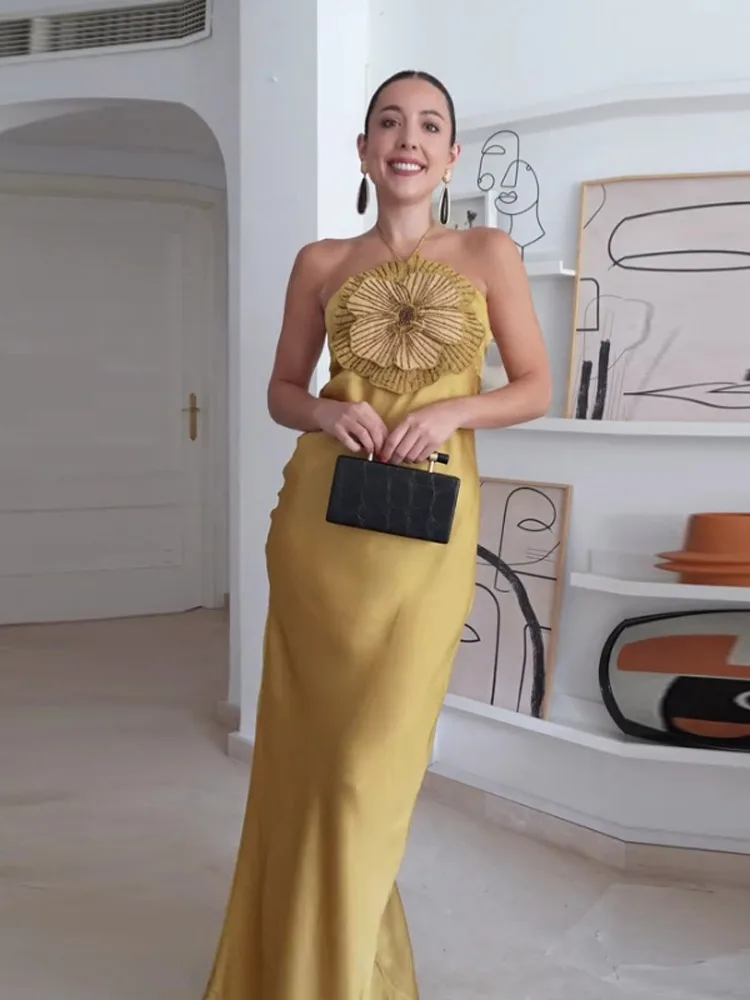 Elegancka Sukienka Wieczorowa Damska Kwiaty 3D Halter Bez Rękawów Bez Pleców Syreni Krój Satynowa Sukienka Damska Lato 2025 Szykowna Suknia Wieczorowa