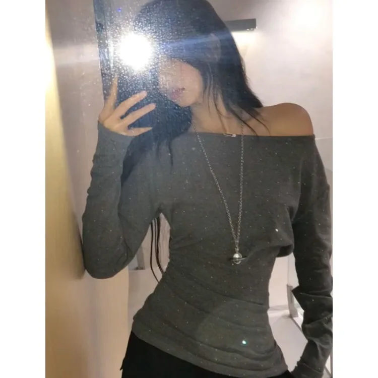 Diamond Long Sleeve Sun Protection Tops Mujer 2026 Early Autumn New T-shirt For Women Off Shoulder All-match Knitted Pullover