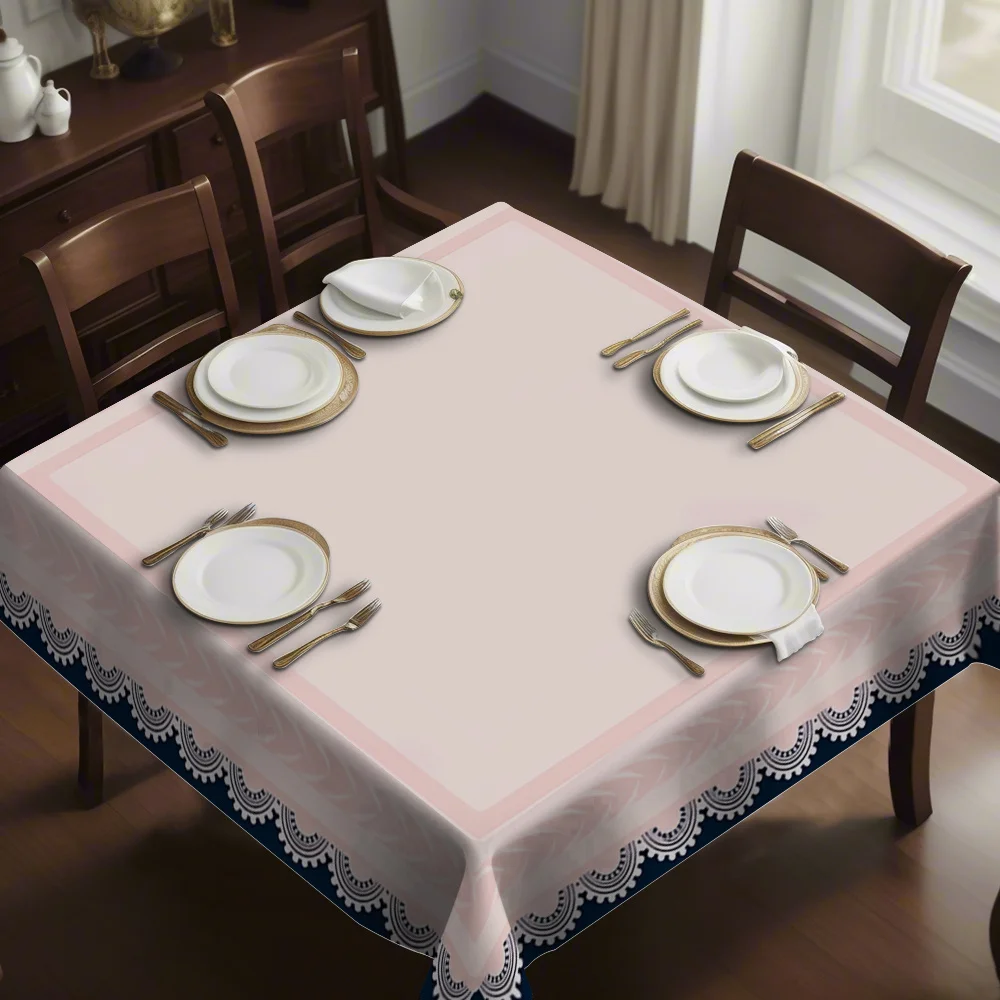 Newly designed printed square tablecloth. Elegant square tablecloth, dark blue base with pink accents.