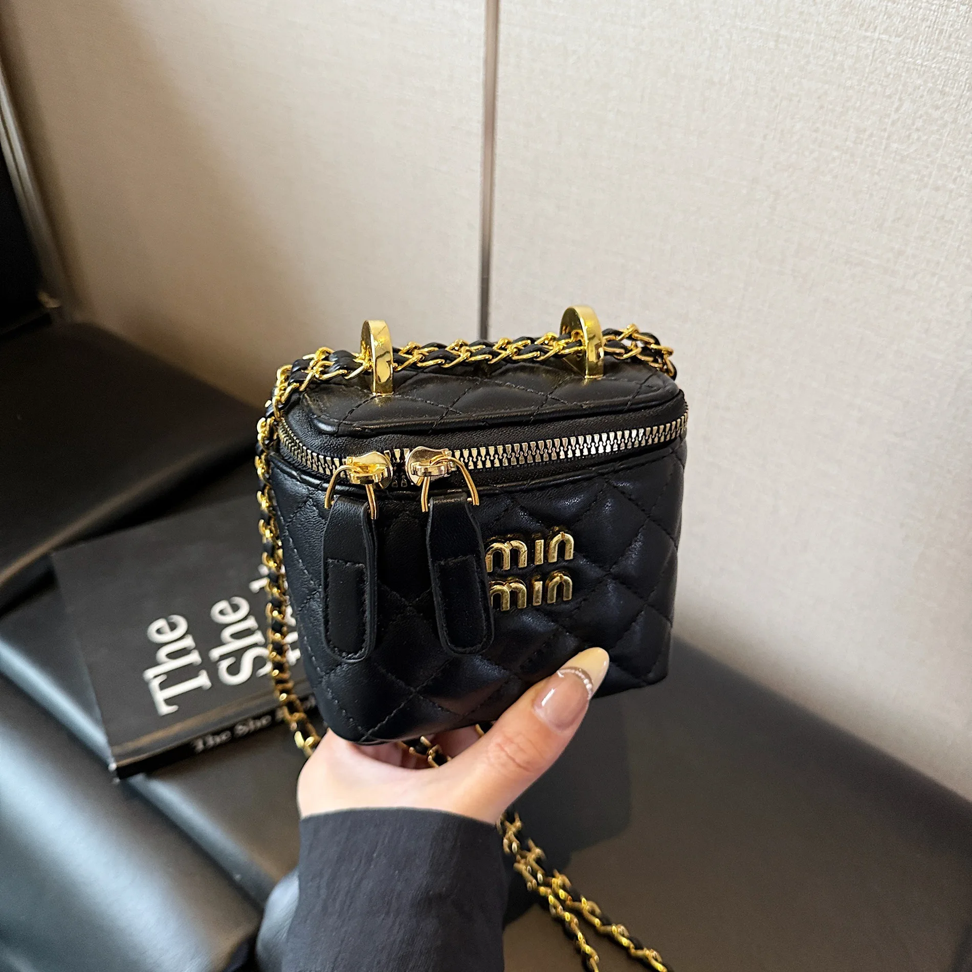 

2025 Miu Inspired Chain Strap Box Bag - Diamond Quilted Crossbody Purse, Luxury Small Handbag with Embroidered Detail