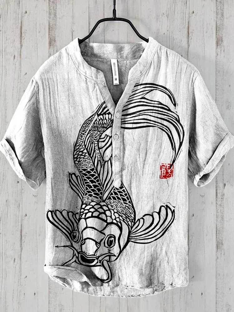 Summer Men's Short Sleeved Shirt Linen Printed Shirt European and American Popular Elements Original Octopus Printed Shirt