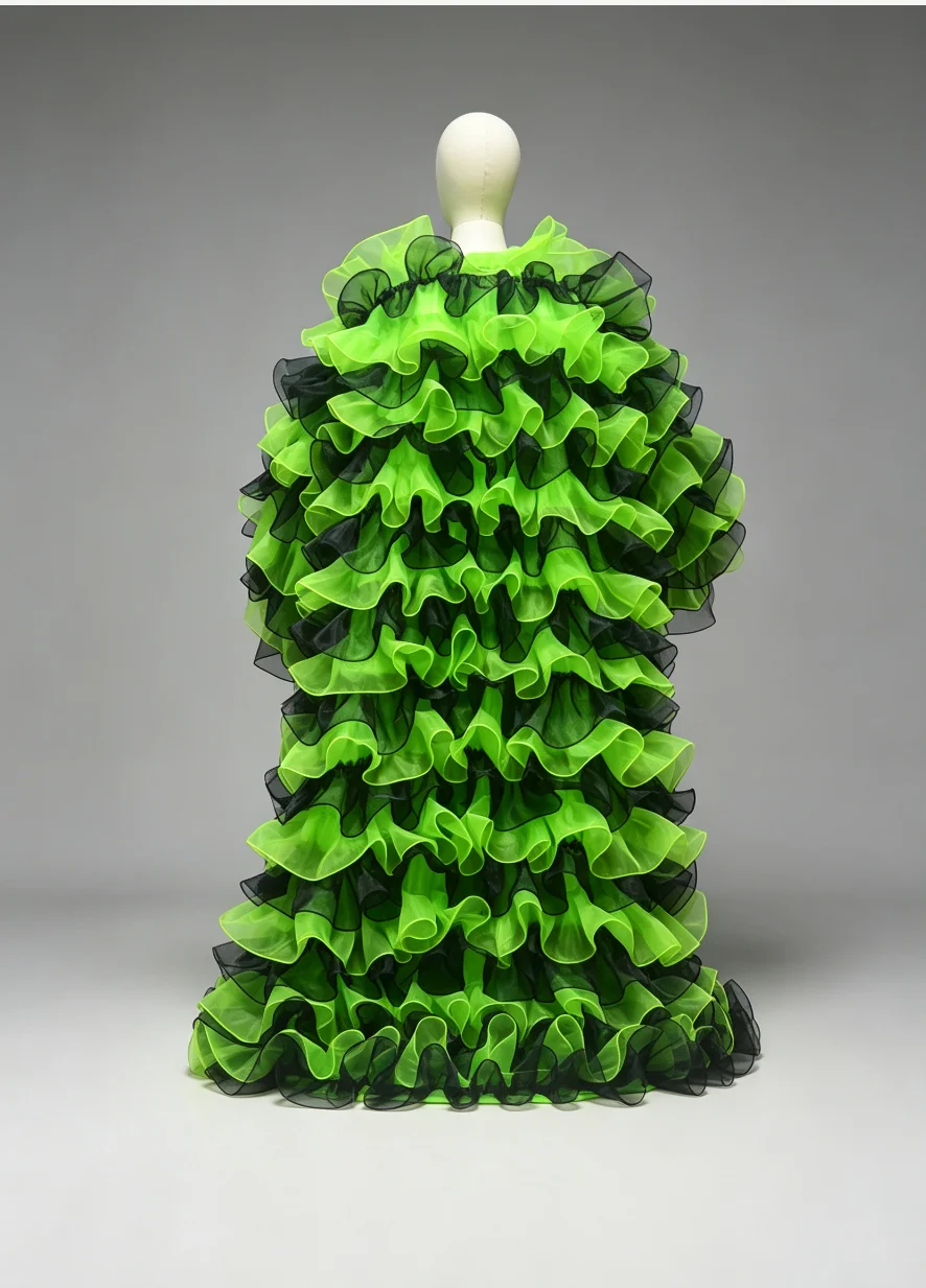 Layered Ruffled Organza Long Coat Green Black Trim Tulle Jacket Oversized Robe Photoshoot Party Stage Performance cloak robe
