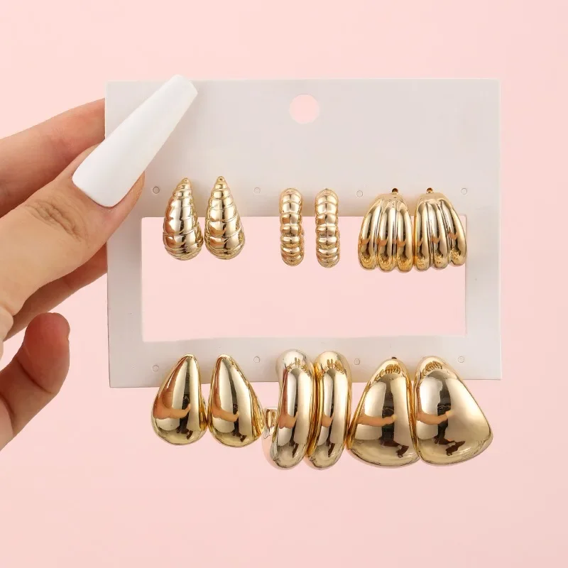 

6 Pairs of New Gold Personalized Exaggerated Earrings Creative Circle Water Droplet Women's Earring Set