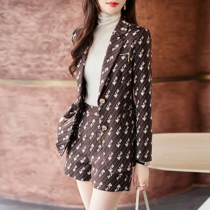 Tesco Jacke Frauen Anzug Print Blazer Shorts Hose Anzug Mode lässig Kerbe Revers Set neue Frauen Outfit Form Party Chandal Mujer