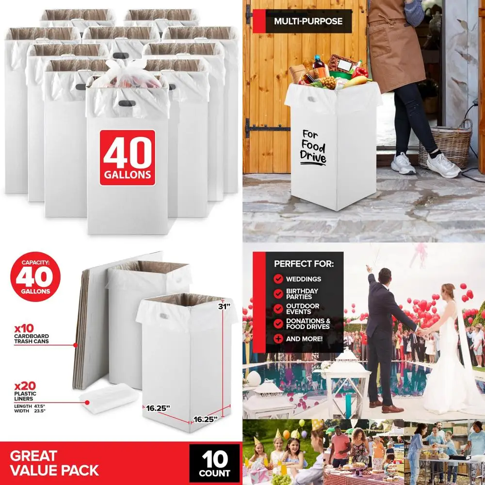 

40 Gallon Disposable Cardboard Trash Bins, 10 Pack, Ideal for Party and Wedding Waste Management, Large Capacity for Events