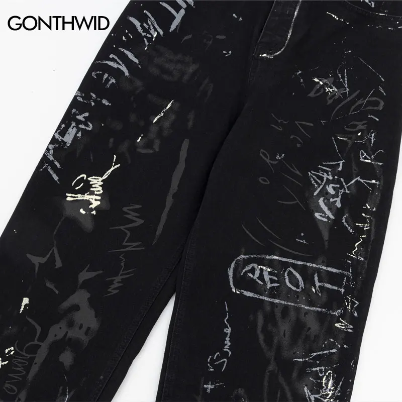 Jean Hip Hop Noir pour Homme, Pantalon Denim, Baggy, Droit, Large, Imprimé Graffiti, Mode Urbaine, Punk, FJJK, Harajuku, Y2K, 2023