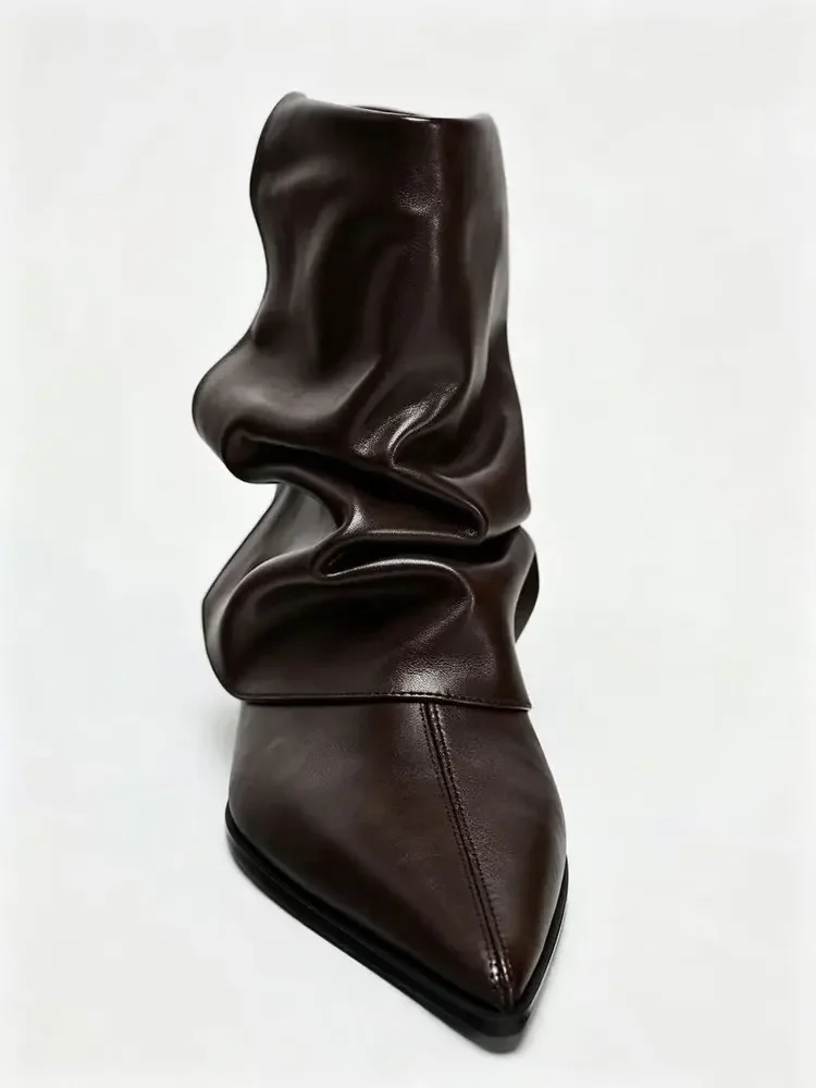 Leder-Designer-Damenstiefel mit Kitten-Heel, Schwarz, Sexy Spitze, Hohe Absätze, Kurze Stiefel, Damen-Winterstiefel mit Falten, Damen-Knöchelstiefel – Detail 3