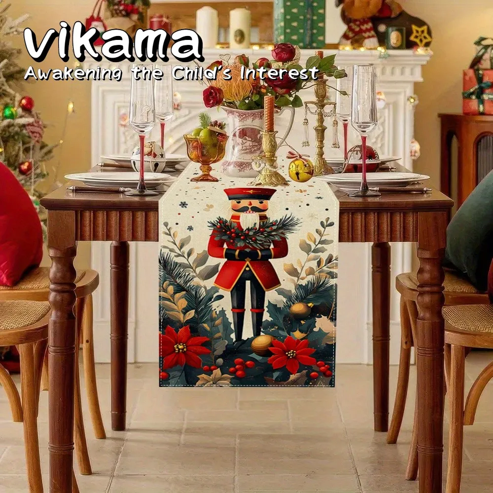 VIKAMA Christmas Table Runner - Chestnut Soldier Floral Berry Pattern Holiday Table Decoration Christmas Party Home Gift