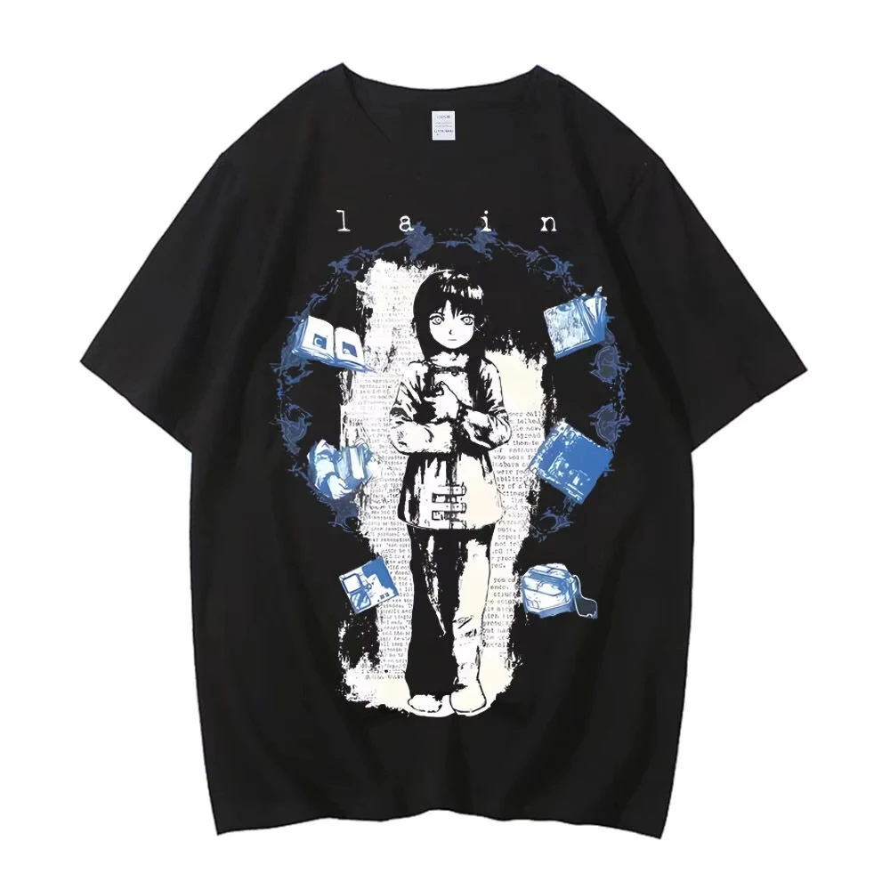 Anime Serial Experiments Lain Manga Graphic Print T-Shirt Men Women O-neck Cotton Top Streetwear Hip Hop Fashion Oversized Tee
