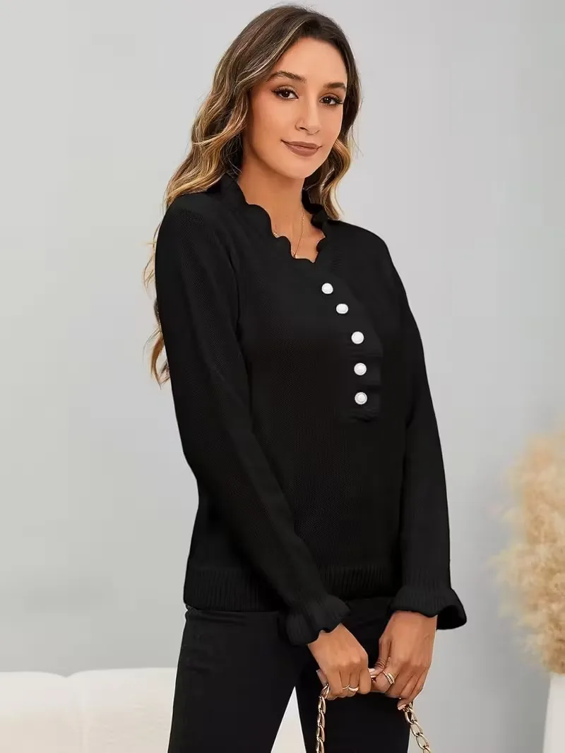 เสื้อสเวตเตอร์แขนยาวประดับมุกสำหรับผู้หญิง คอวี แต่งระบาย