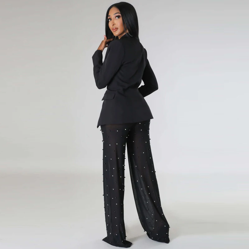 Nuovi pantaloni da donna con perline in rete a maniche lunghe Set Office Ol pendolarismo elegante Business in due pezzi completo da donna per