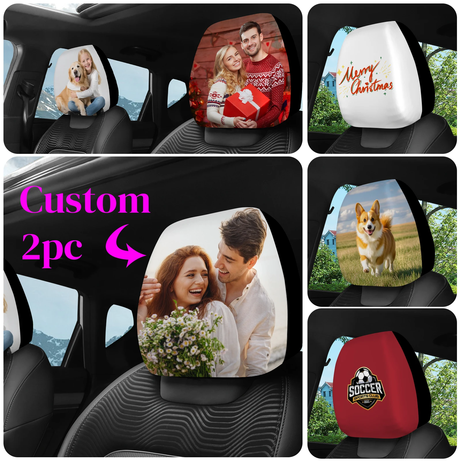 Custom Car Headrest Covers 2PCS Personalized Photo Text Logo Headrest Cover for Truck SUV Sedan Vehicle Seat Accessories image 6