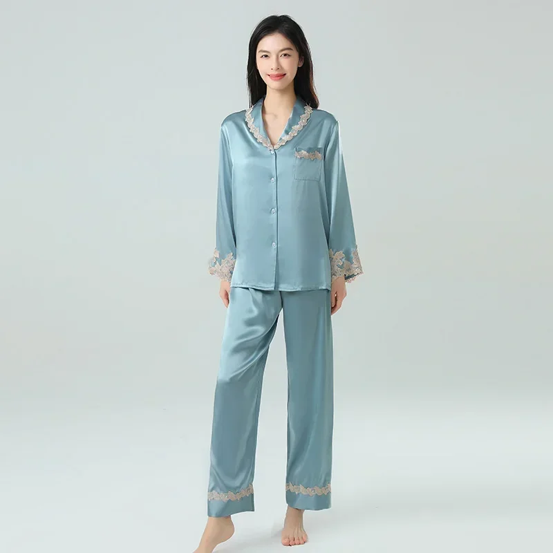 19MM 100% Mulberry Silk Long Sleeve Trousers Pajama Suit Embroidered Lace Cardigan Pj Set Spring and Fall Comfortable Homewear