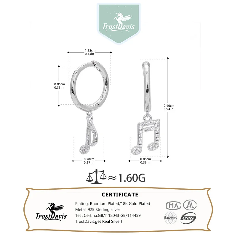 Trustdavis Real 925 Silver Fashion Irregular Musical Note Zircon Earrings for Women Daily Wear Jewelry Gift DS4408