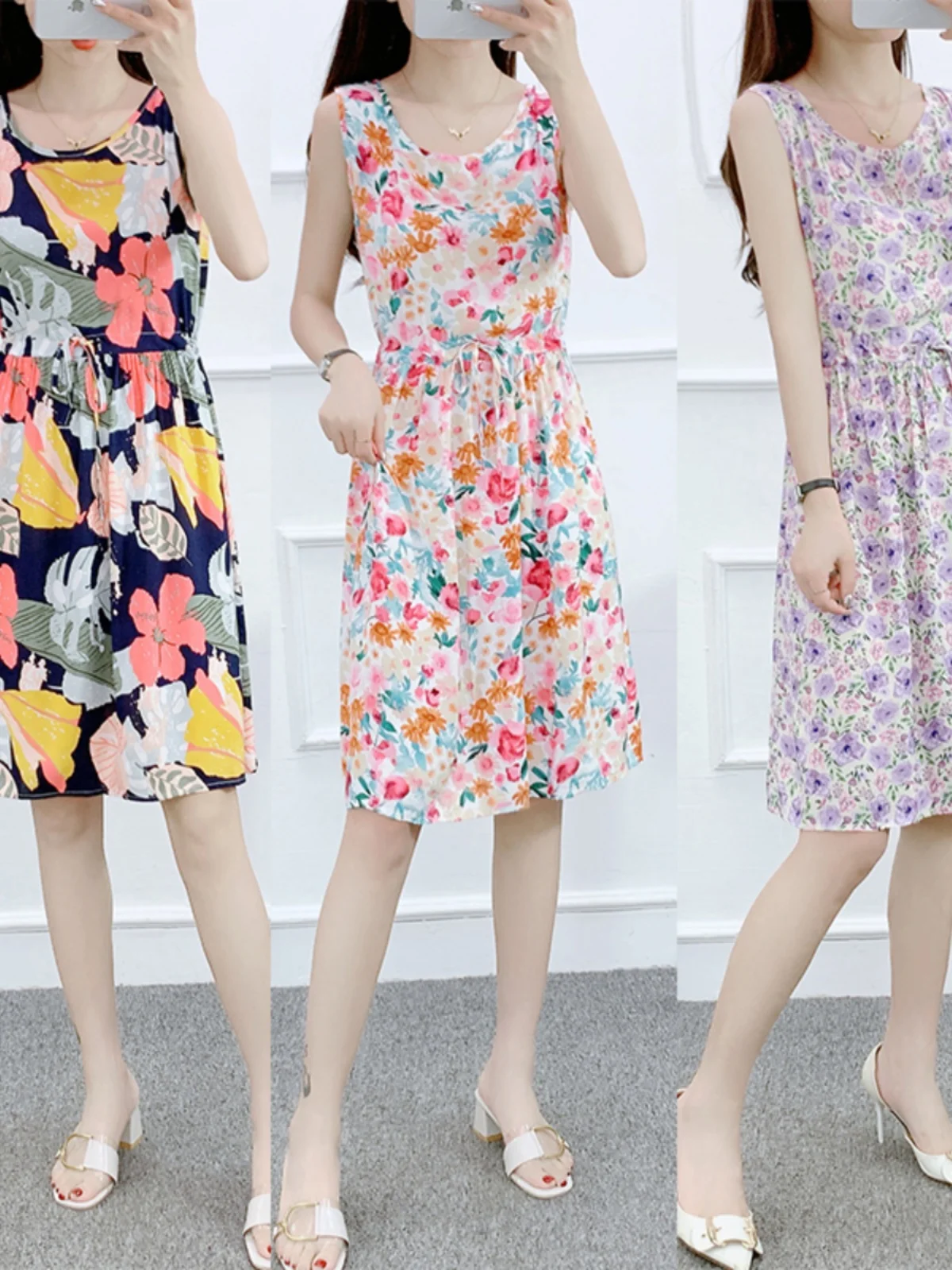 夏のファッション ハイウエスト コットンシルクワンピース レディース アウター ショート丈 花柄ベストワンピース ボヘミアンスタイル Aラインスカート