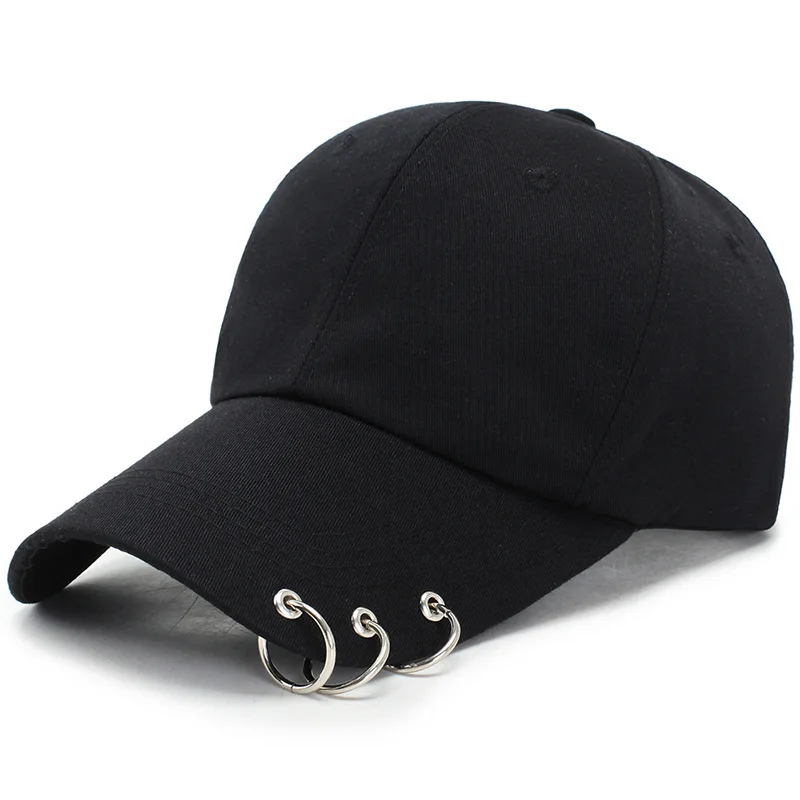 Punk Metal Piercing Rings Baseball Cap Curved Brim Solid Cotton Adjustable Hip Hop Streetwear Dad Hat For Women Girls
