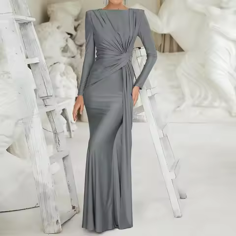 Talenza Elegant High Waist Pleated Maxi Dress Women's New Solid O Neck Long Sleeve Slim Dress Luxury Party Evening Gown Robe