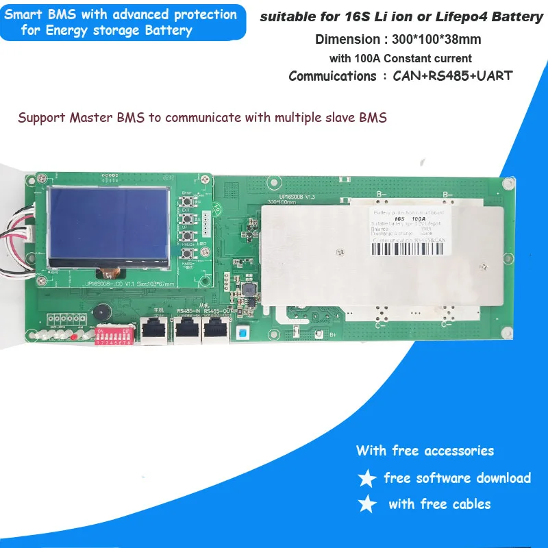 16S Lifepo4 or Li ion Smart BMS with 100A constant charge and discharge RS485 UART CAN Communication for  Inveter power supplier