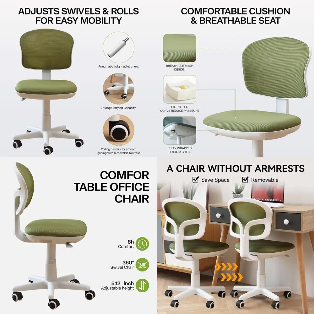 

Эргономичное поворотное офисное кресло с поясничной поддержкой для небольших помещений, регулируемая высота, зеленое