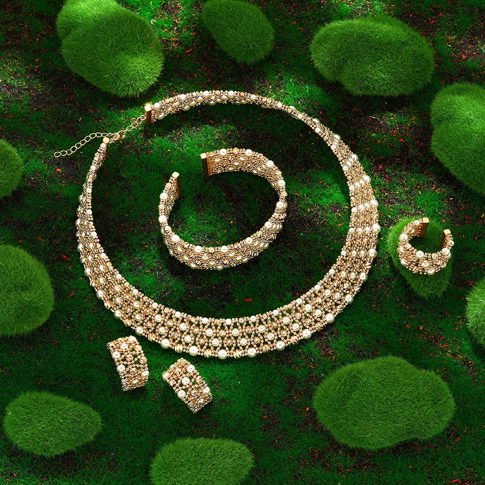 New Charm Women Pearl Cubic Zirconia Jewellery Set Full Inlaid CZ Necklace Earrings Bracelet Ring Elegant Party Christmas Gift