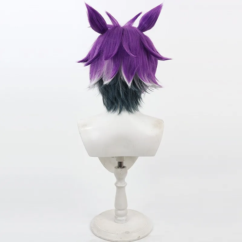 Perruque de cosplay torsadée du pays des merveilles Cheshire Cat, racines taquines, reflets multicolores, couches, avec oreilles