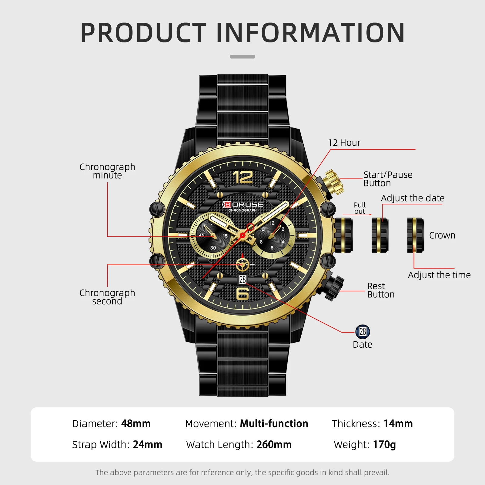 BORUSE New Luxury Men Chronograph Quartz Watches Waterproof Calendar Man Business Stainless Steel Sport Watch for Men Clock