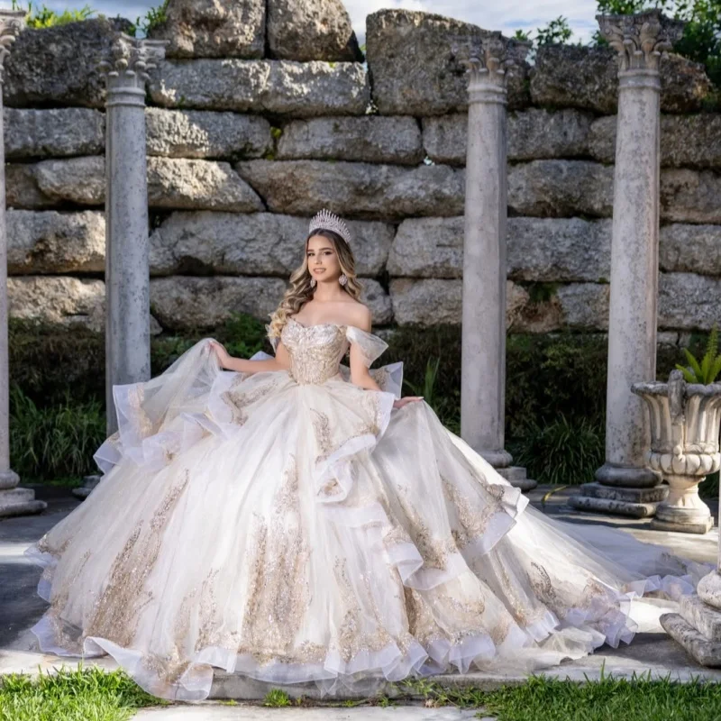 

Light Champagne Quinceanera Dress off-shoulder Sequins Decal Lace layering Long tail Bow vestidos de 15 Quinceanera ﻿Customize