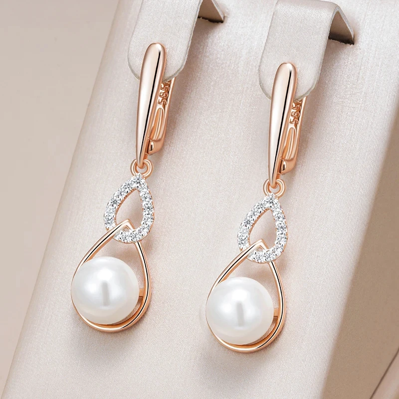 Wbmqda Luxury Pearl Women\'s Long Drop Earrings 585 Rose Gold Silver Color Ethnic Wedding Party Fine Zircon Jewelry Accessories