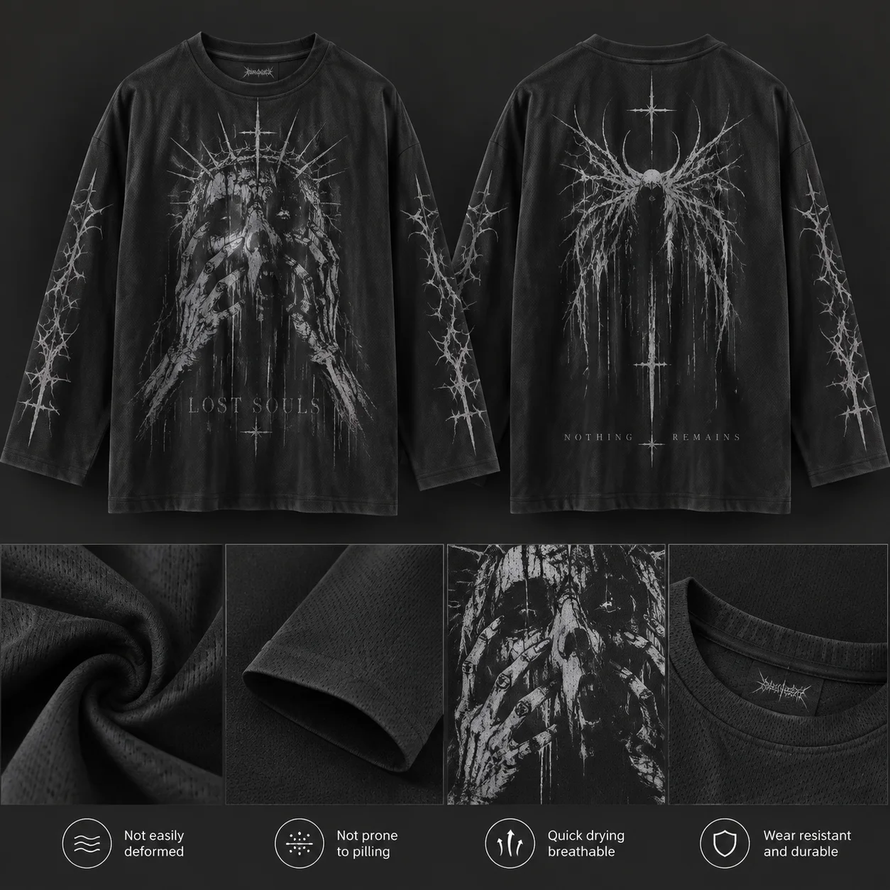 Unisex Oversized Y2K Gothic Halloween Long Sleeve Tee, Dark Grunge Macabre Occult Print, Flat‑Cuff Breathable Streetwear Top