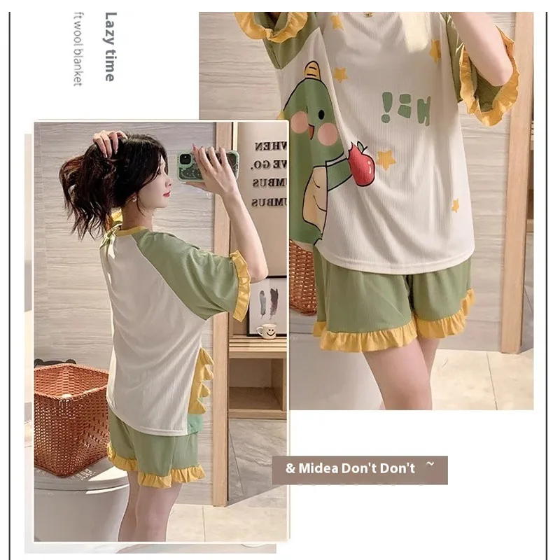 2PCS/Set Women Loose Version Homewear Cartoon Green Dinosaurs Design Wind Ruffled School Pyjamas Girl Cute Sweet Soft Sleepwear