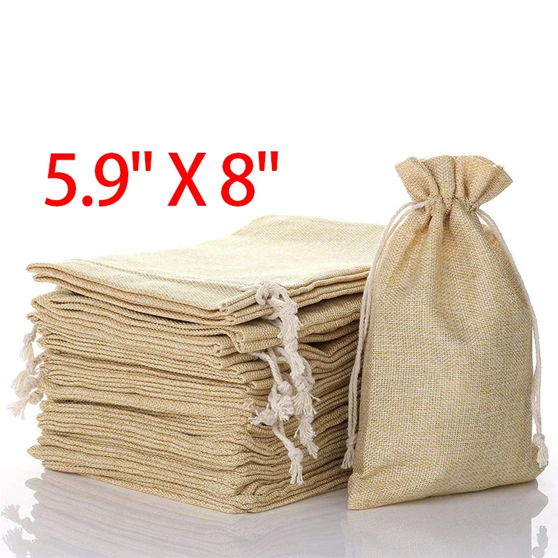 EYFL-5.9 Inch X 8 Inch Natural Linen Burlap Bags With Jute Drawstring For Gift Bags Wedding Party Favors Jewelry Pouch, Snack Sa
