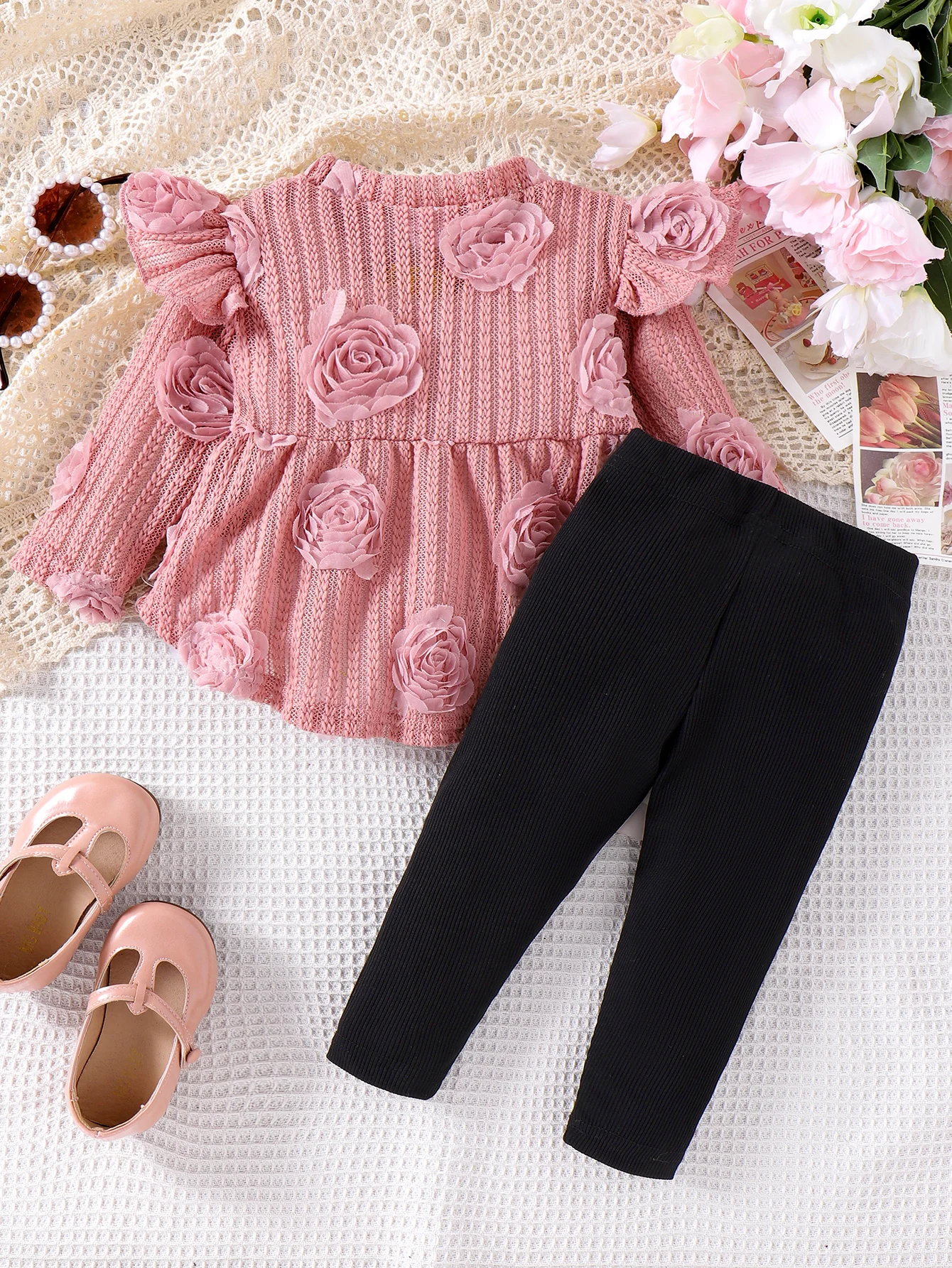 2PCS Autumn New Style For 0-3 Year Old Girls Comfortable Casual And Fashionable Pink Top + Black Pantsuit