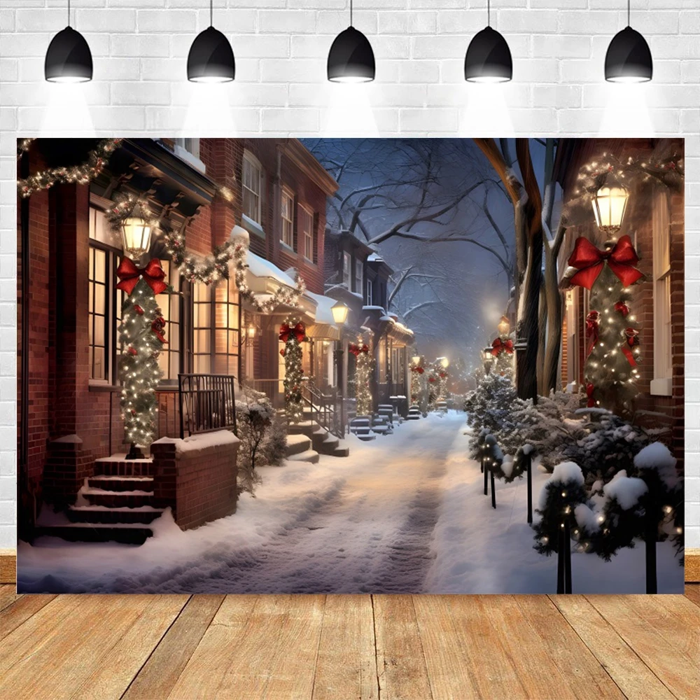 Christmas Town Background Tree Lights Outdoor Backdrop Photography Kids Xmas Eve Winter Party Photo Studio Photobooth Props