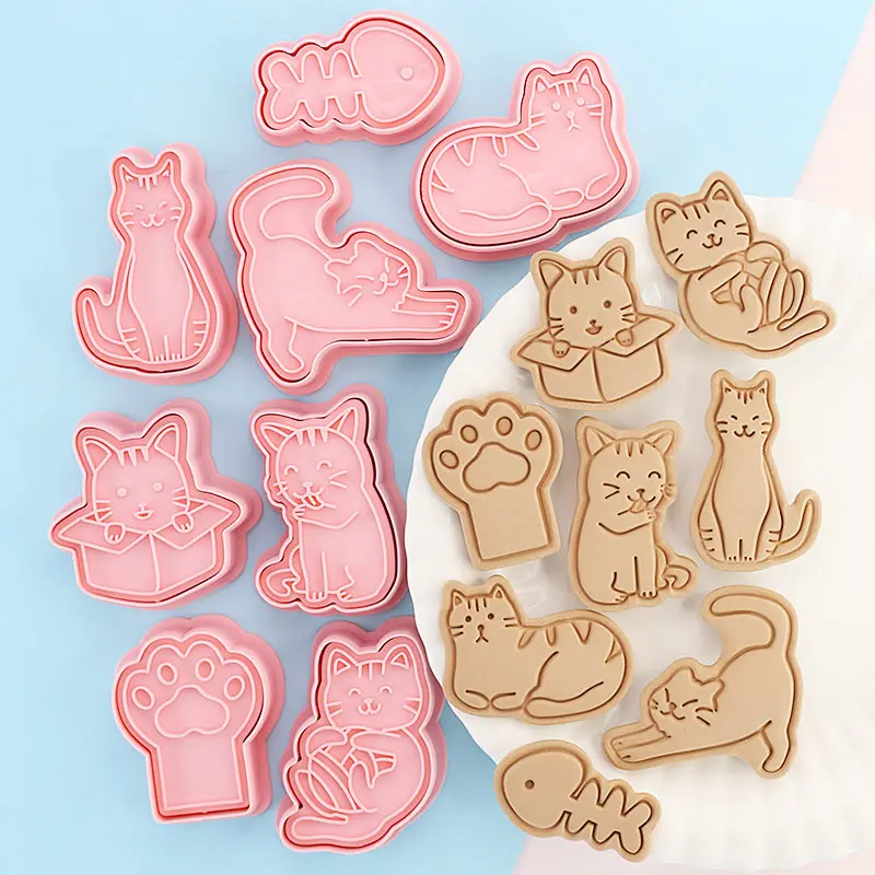 8Pcs/set Cat Cookie Cutters Plastic 3D Cartoon Pressable Biscuit Mold Cookie Stamp Kitchen Baking Pastry Bakeware Tool