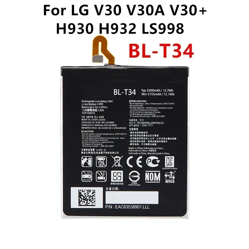 정품 BL-T34 교체 배터리, LG V30 V30A V30 + H930 H932 LS998 T34 BLT34 휴대폰 배터리, 3300mAh 