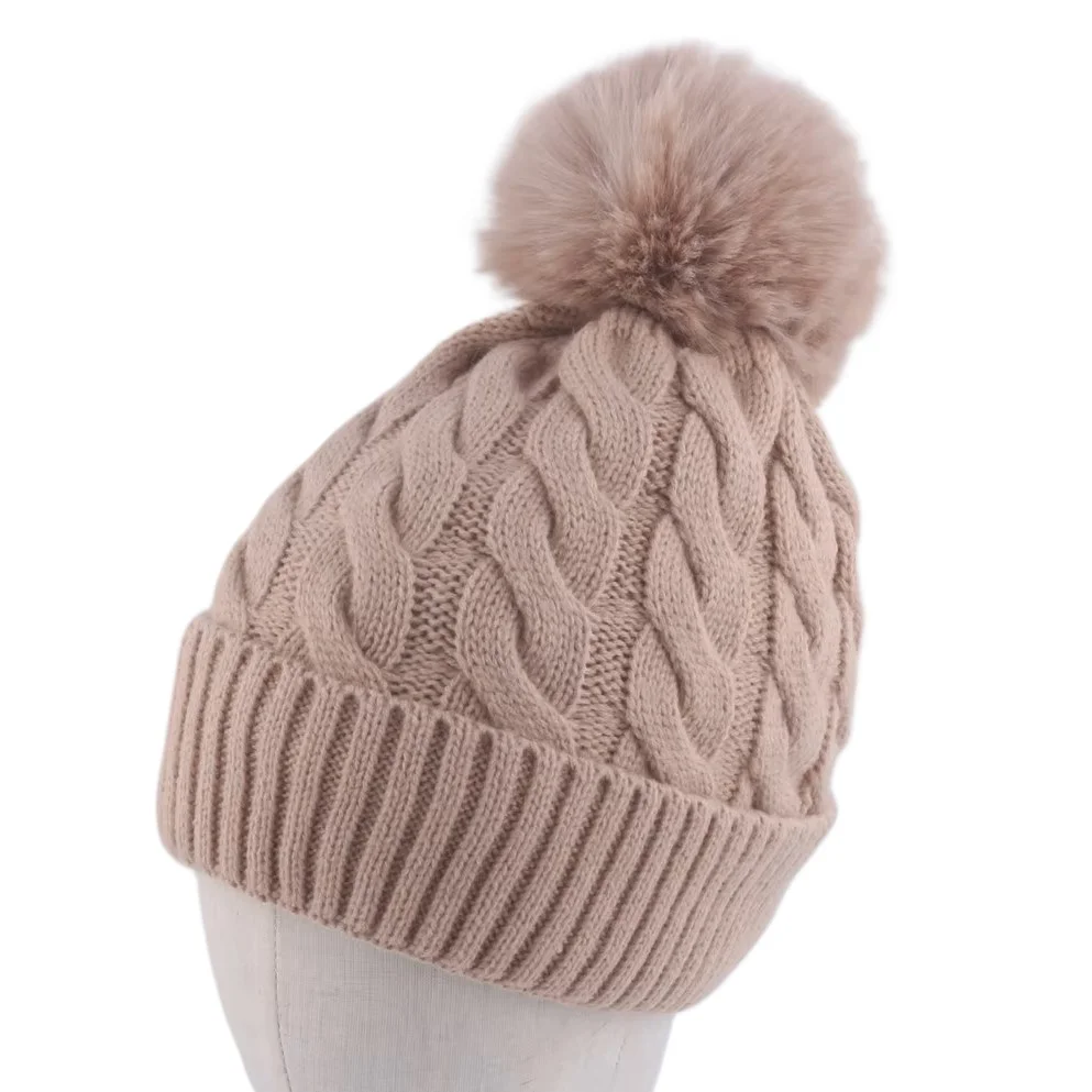 Warm Fleece Lined Hat Women Winter Beanies Cable Knitted Pom Pom Hat Plain Skullies Olive Green Black Grey White Beige Pink