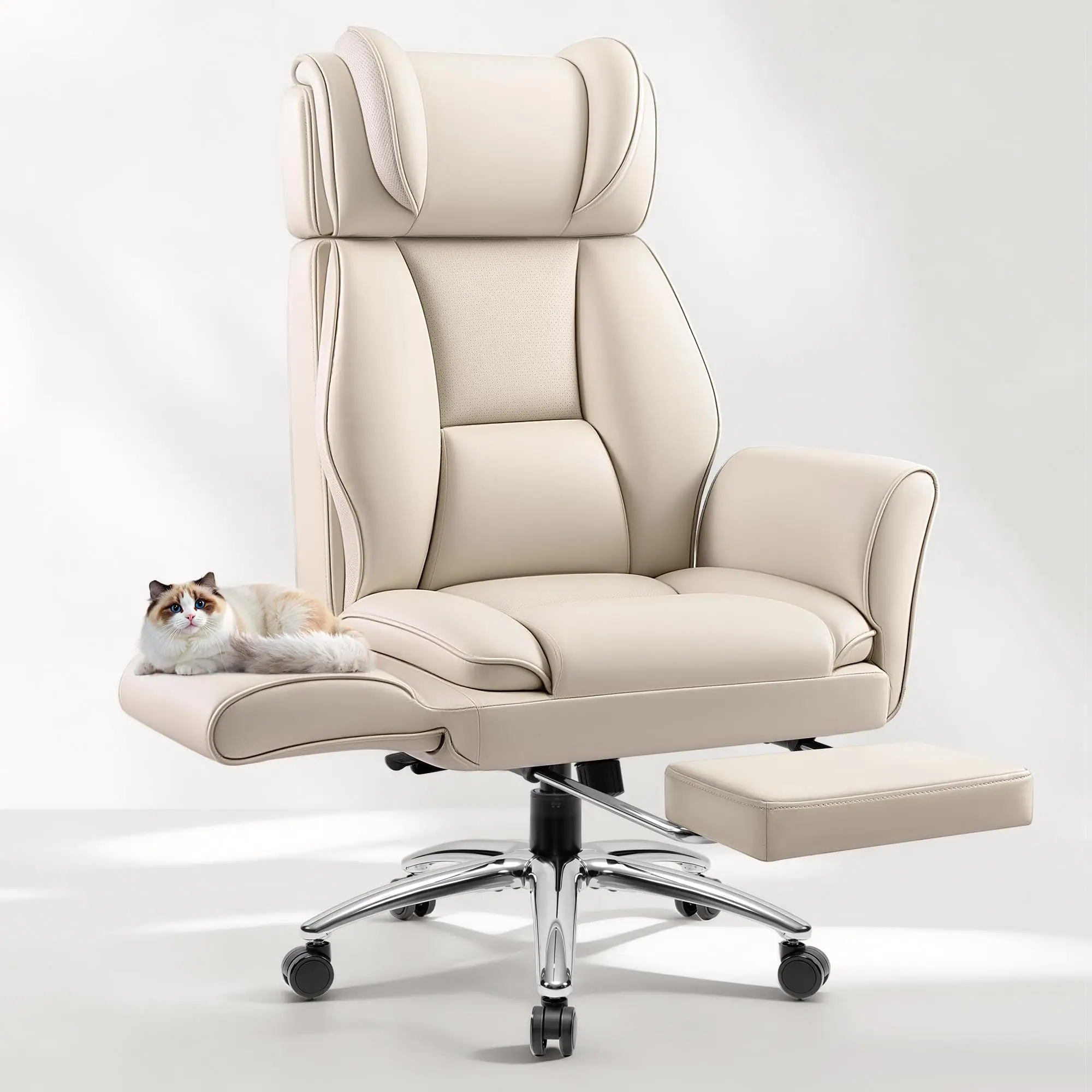 Big and Tall Office Chair, Flip Armrests for Pets & Cross Legged Sitting, Ergonomic Leather Executive Desk Chair with