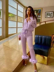 New Shinny Feather  Solid Pajama set For Women Fashion Stand Collar Single-breasted Leisure suit  2024 Lady Holiday set