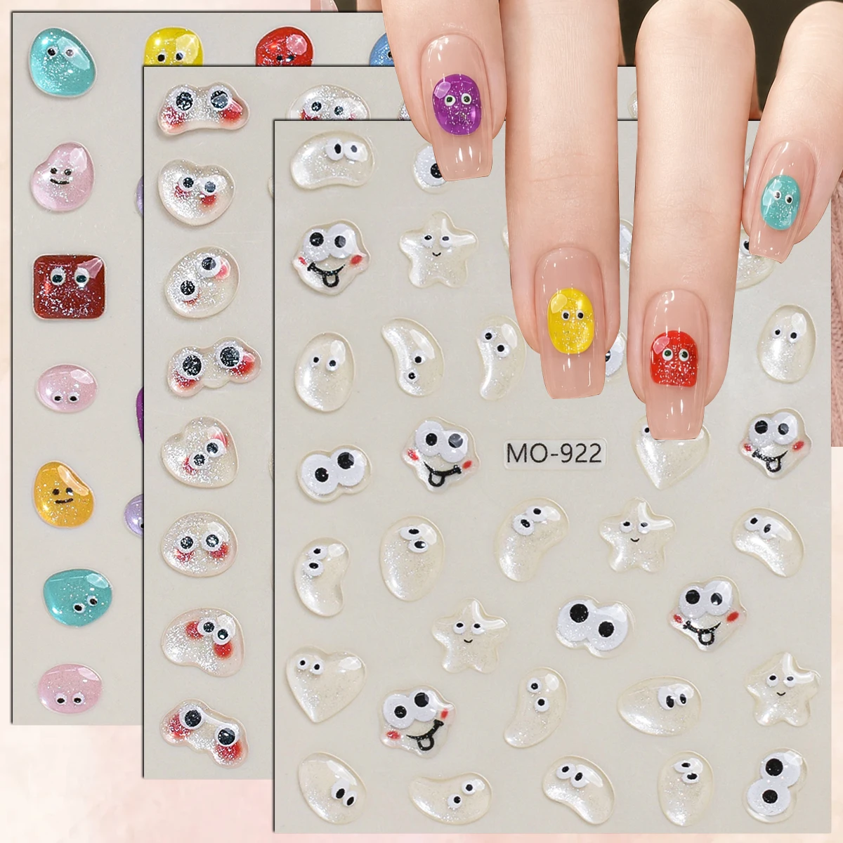 3/6/12 Sheets 5D Resin Cute Cartoon Eyes Funny Face Colorful Self Adhesive Nail Art Stickers