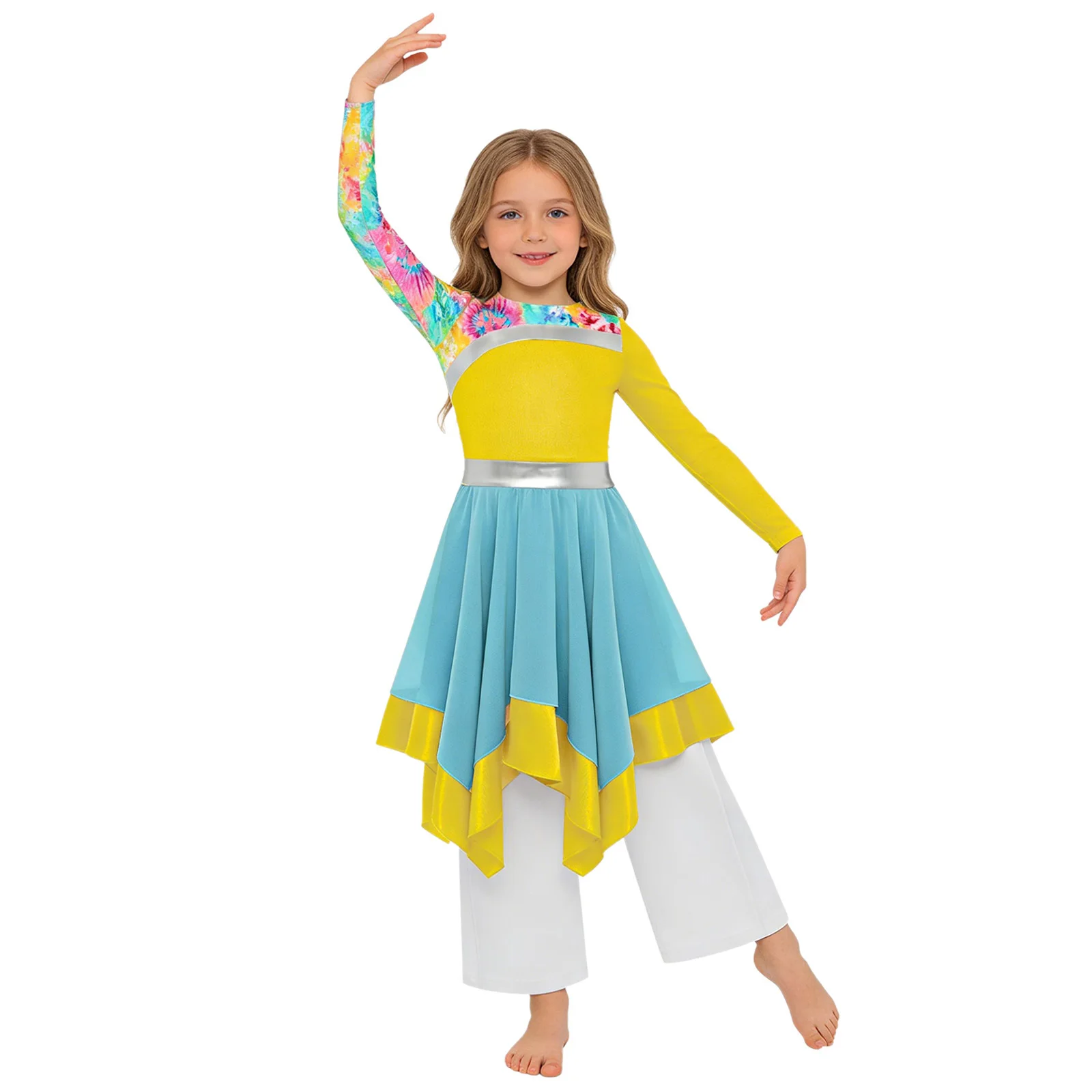 Kids Girls Worship Liturgical Praise Dance Tunic Dress Church Choir Lyrical Outfit Long Sleeve Printed Dress with Wide-Leg Pants