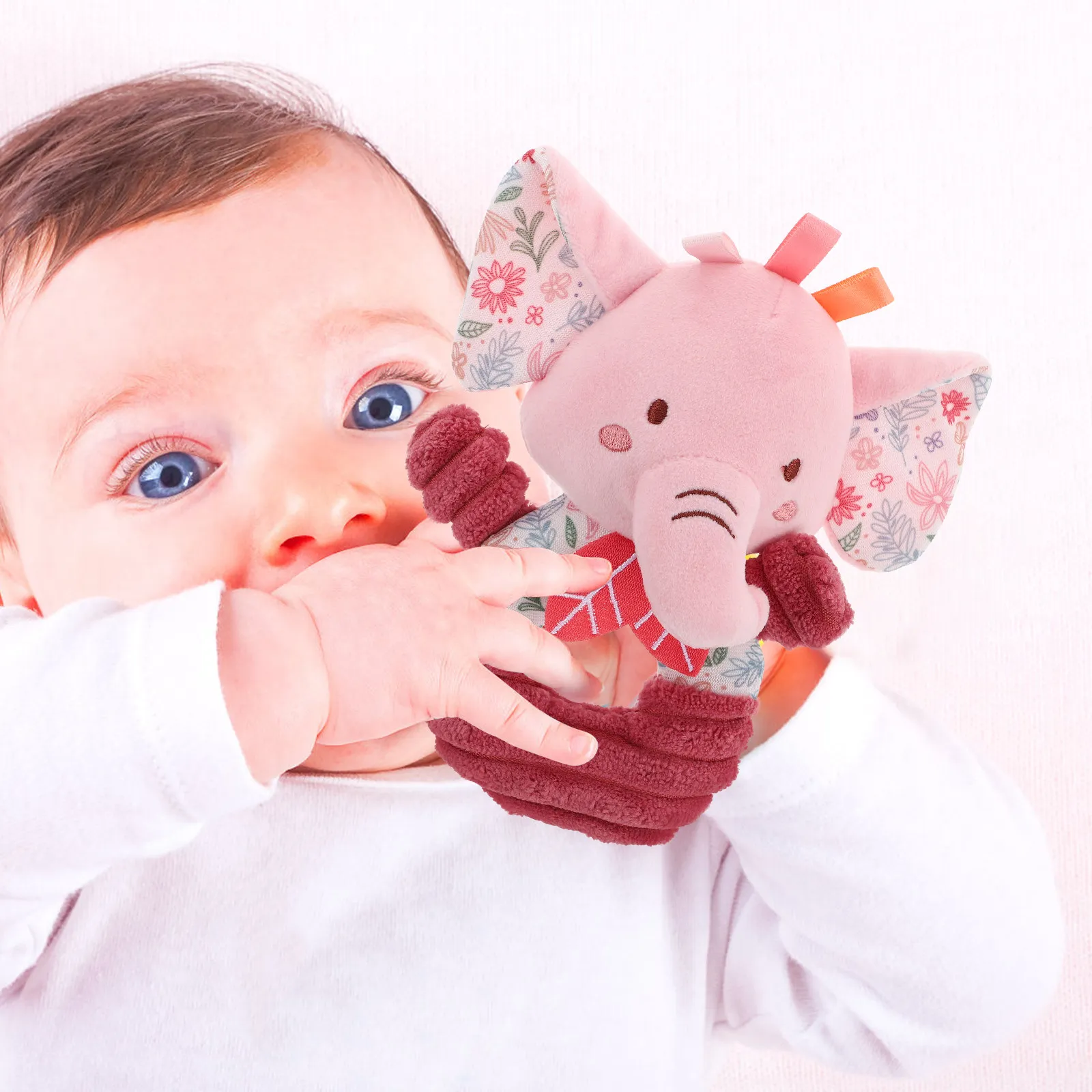 ของเล่นเขย่ามือรูปช้างสีชมพูอ่อน ปลอดภัยสำหรับเด็กทารก ของเล่นสัมผัสสำหรับเด็กแรกเกิด มีเสียงกรอบแกรบ ช่วยพัฒนาการเด็ก สร้างความสัมพันธ์ระหว่างพ่อแม่ลูก