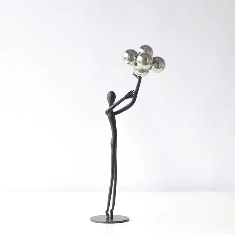 Abstract Art: Black Cast Iron Man Holding Ball Pendant, Metal Sculpture, Living Room Decoration, Statues, Window Display Crafts