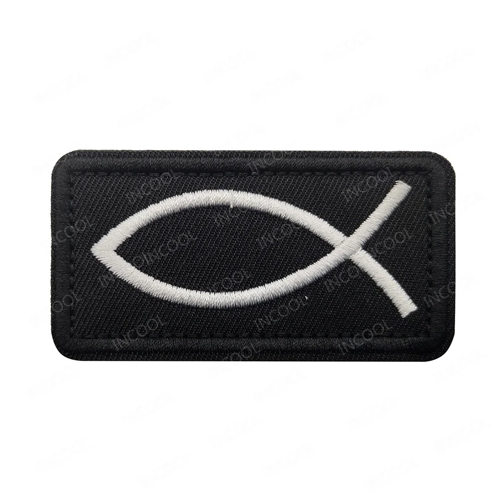 Jesus Fish Embroidery Patches God Christian Cross Sign INFIDEL Appliqued Faith Blessed Infrared IR Reflective