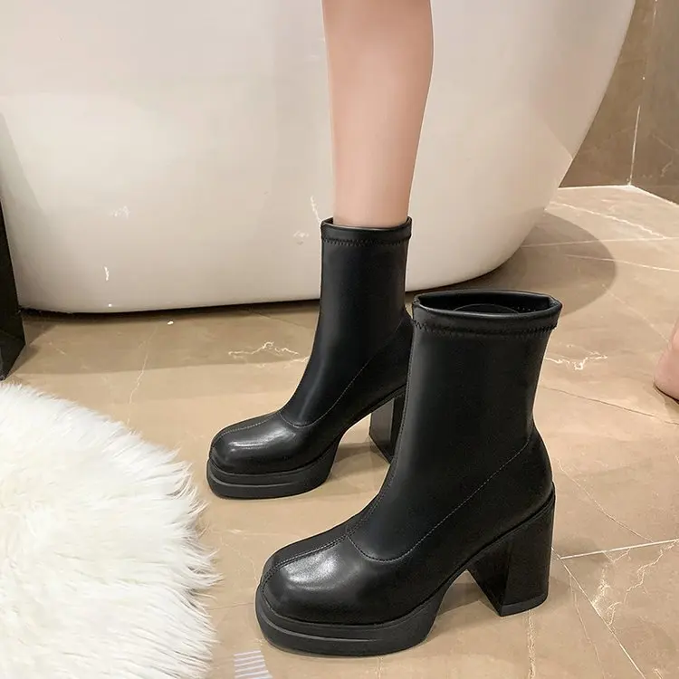 Winter Boots Lady Boots-Women Shoes Zipper Luxury Designer 2024 Rubber High Heel Ankle Fashion Rome Solid PU Basic Square Toe