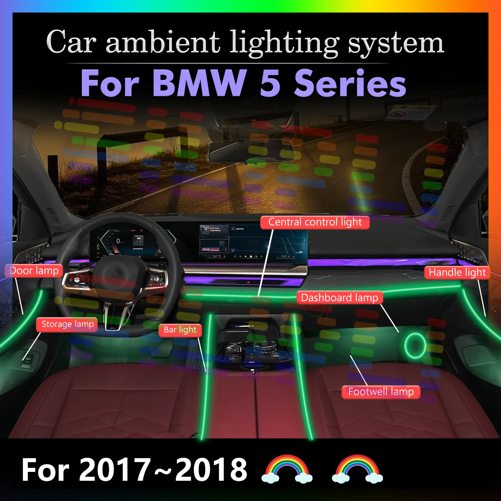 

For BMW 5 Series Smart Remote Control RGB 64 Colors LED Car Interior Ambient Light Rainbow Acrylic Strip Energy Saving Efficient