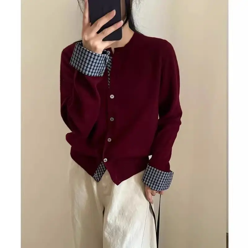 Plaid Contrast Patchwork Knit Korean Cardigan Fake Two Piece Long Sleeve Trend Sweaters Fashion Lazy Autumn Winter Women Clothes