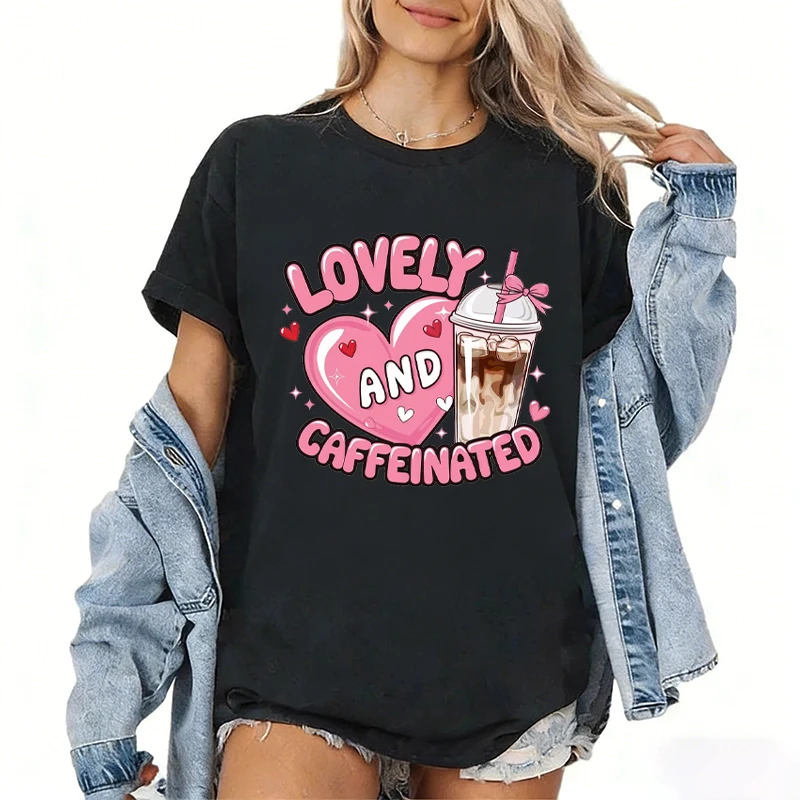 

Funny Coffee Milk Tea Shirt LOVELY AND CAFFEINATED Pattern Shirt CAFFEINATED Short T-shirt Sweet and Adorable Style Loving Heart